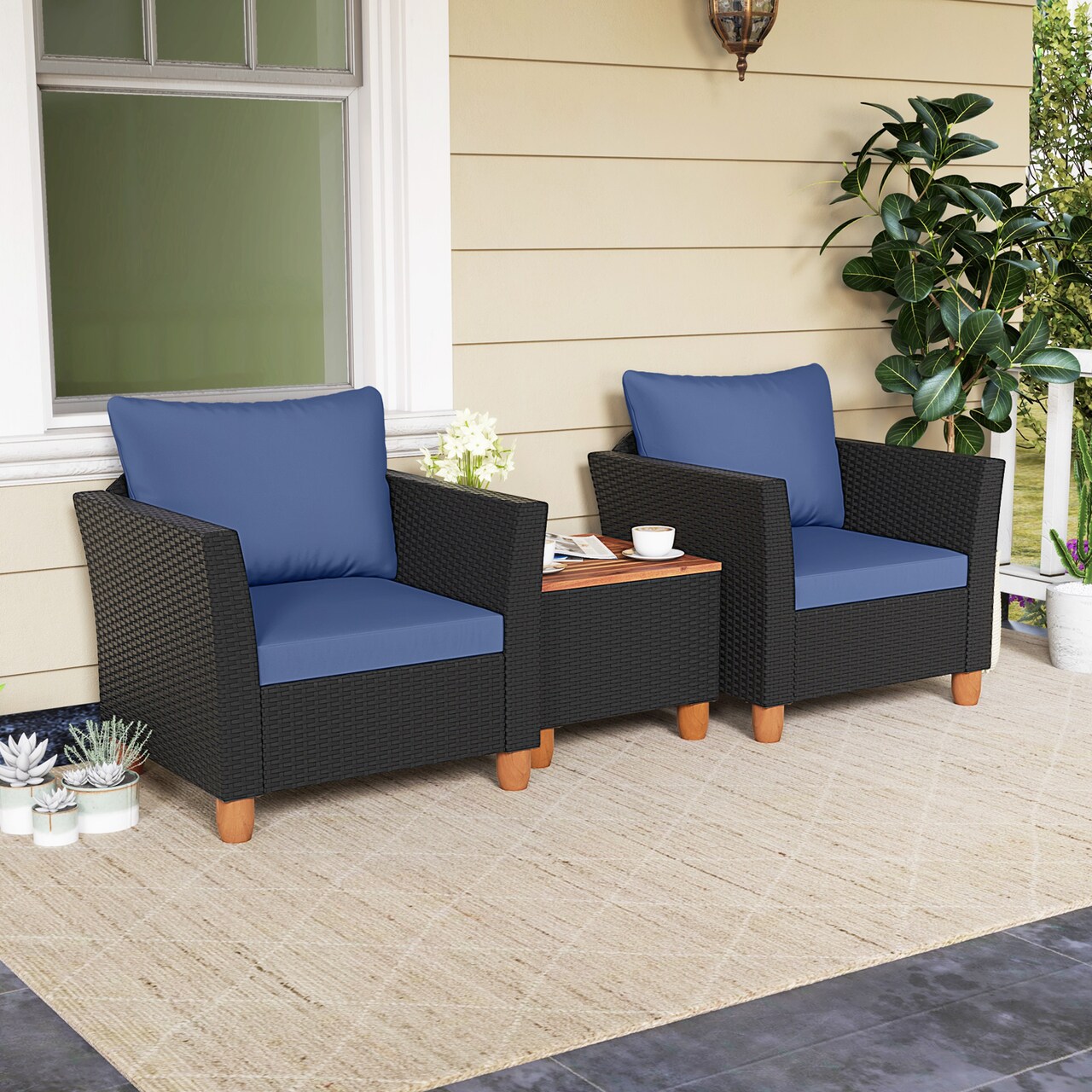 3-Piece Furniture Set with Rattan Single Sofa Acacia Wood Coffee Table Including Cushions for Outdoor and Indoor Use